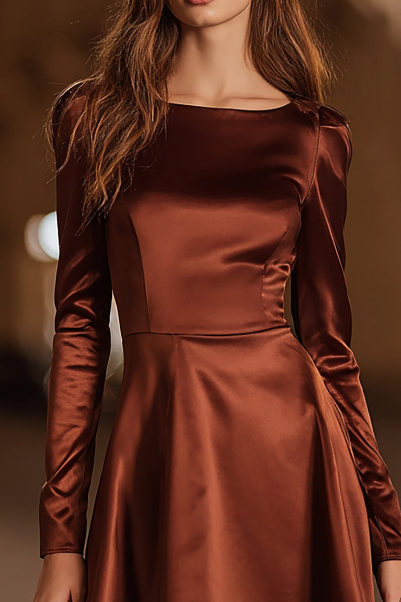 Laden Sie das Bild in den Galerie-Viewer, Kaffee A Linie Satin Boat Neck Kurze Cocktail Kleid mit Ärmel