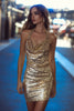 Laden Sie das Bild in den Galerie-Viewer, Glitzer Gold Enges Paillettens Neckholder Geraffte Kurze Cocktail Kleid