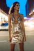 Laden Sie das Bild in den Galerie-Viewer, Glitzer Gold Paillettens Neckholder Enges Kurze Cocktail Kleid
