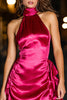 Laden Sie das Bild in den Galerie-Viewer, Fuchsia Satin Enges Hoher Hals Kurze Cocktail Kleid mit Rüschens