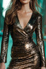 Laden Sie das Bild in den Galerie-Viewer, Glitzer Schwarz Gold Paillettens Enges Kurze Cocktail Kleid mit Ärmel