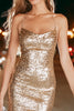 Laden Sie das Bild in den Galerie-Viewer, Glitzer Gold Enges Paillettens Spaghettiträger Kurze Cocktail Kleid