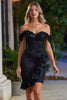 Laden Sie das Bild in den Galerie-Viewer, Glitzer Schwarz Satin Perlen Enges Kurze Cocktail Kleid mit Rüschens