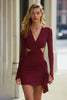 Laden Sie das Bild in den Galerie-Viewer, Bordeaux Satin Cut Out Enges Kurze Cocktail Kleid mit Ärmel