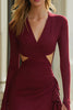 Laden Sie das Bild in den Galerie-Viewer, Bordeaux Satin Cut Out Enges Kurze Cocktail Kleid mit Ärmel