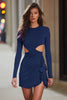 Laden Sie das Bild in den Galerie-Viewer, Marineblau Satin Cut Out Geraffte Kurze Cocktail Kleid mit Ärmel