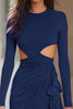 Laden Sie das Bild in den Galerie-Viewer, Marineblau Satin Cut Out Geraffte Kurze Cocktail Kleid mit Ärmel