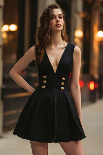 Schwarz A Linie V-Ausschnitt Kurze Cocktail Kleid