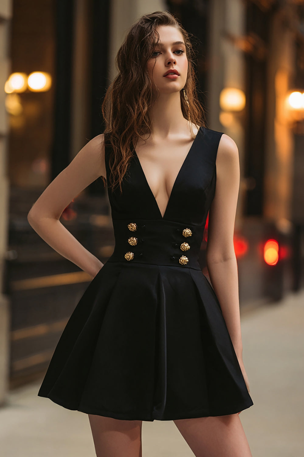 Schwarz A Linie V-Ausschnitt Kurze Cocktail Kleid
