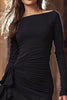 Laden Sie das Bild in den Galerie-Viewer, Schwarz Satin Enges Geraffte Kurze Cocktail Kleid mit Ärmel