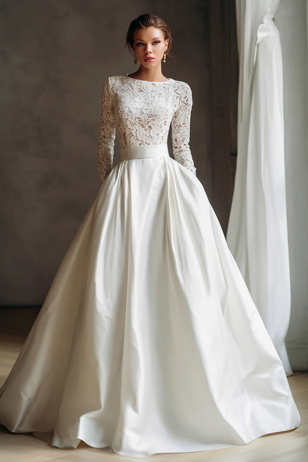 Elfenbein Bootneck Schleppe Langarm Brautkleid mit Spitze