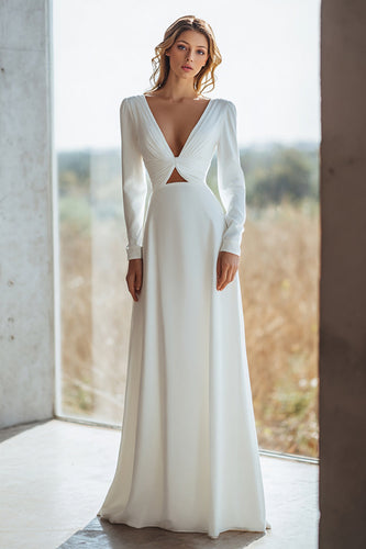 Elfenbein V Ausschnitt Sheath Bodenlanges Brautkleid mit Ärmeln
