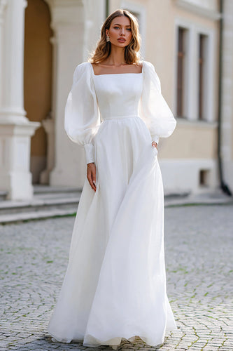 Elfenbein Square Neck A Line Puffärmel Bodenlanges Brautkleid