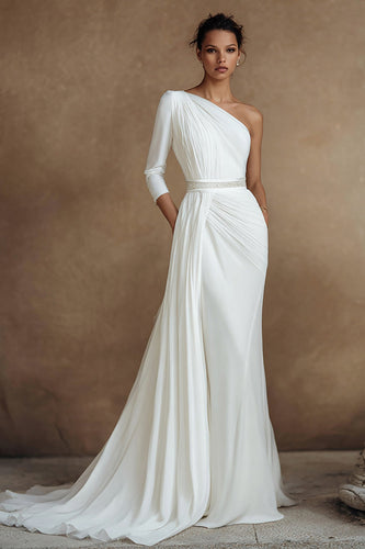 Elfenbein Ein Schulter 3/4 Ärmel Kurze Schleppe Brautkleid mit Seitenumhang