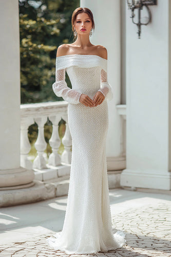 Elfenbein Schulterfreie Schleppe Langarm Brautkleid