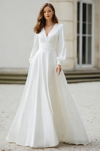 Einfaches Elfenbein A Line V Ausschnitt Langarm Bodenlanges Brautkleid