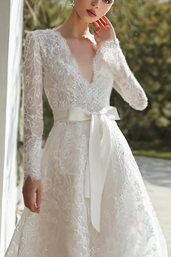 Elfenbein Spitze V Ausschnitt A Linie Kurze Schleppe Langarm Brautkleid mit Schleife