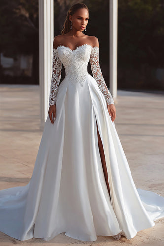 Elfenbein Schulterfreie Kurze Schleppe Langarm Brautkleid mit Schlitz