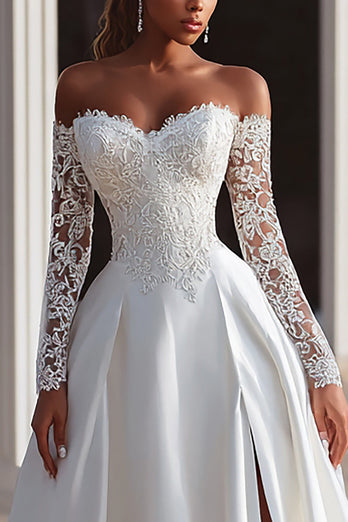 Elfenbein Schulterfreie Kurze Schleppe Langarm Brautkleid mit Schlitz