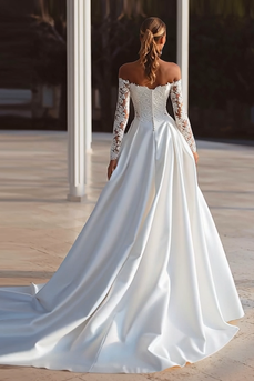 Elfenbein Schulterfreie Kurze Schleppe Langarm Brautkleid mit Schlitz