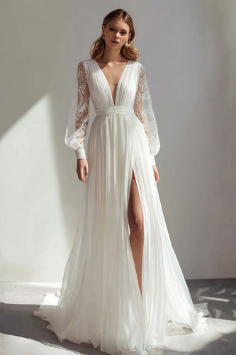 Elfenbein V Ausschnitt A Line Plissee Kurze Schleppe Brautkleid mit Schlitz
