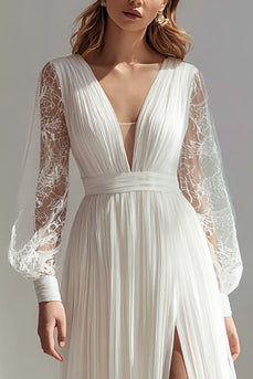 Elfenbein V Ausschnitt A Line Plissee Kurze Schleppe Brautkleid mit Schlitz