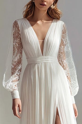 Elfenbein V Ausschnitt A Line Plissee Kurze Schleppe Brautkleid mit Schlitz