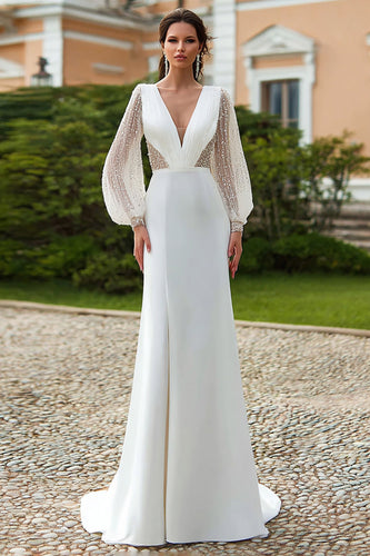 Damen Glitzernd Elfenbein Kurze Schleppe Hochzeitskleid mit Pailletten V-Ausschnitt Etui Langarm Brautkleid