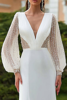 Glitzernd Elfenbein Langarm Sheath Kurze Schleppe Brautkleid