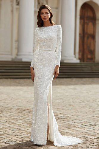 Glitzernd Elfenbein Bateau Neck Langarm Kurze Schleppe Pailletten Brautkleid mit Schlitz