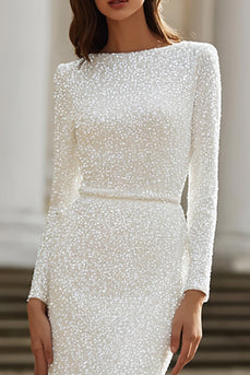 Glitzernd Elfenbein Bateau Neck Langarm Kurze Schleppe Pailletten Brautkleid mit Schlitz