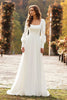 Laden Sie das Bild in den Galerie-Viewer, Einfaches Elfenbein Square Neck Langarm A Line Kurze Schleppe Brautkleid