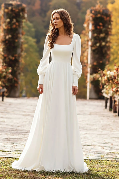 Einfaches Elfenbein Square Neck Langarm A Line Kurze Schleppe Brautkleid