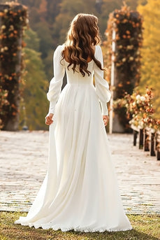 Einfaches Elfenbein Square Neck Langarm A Line Kurze Schleppe Brautkleid