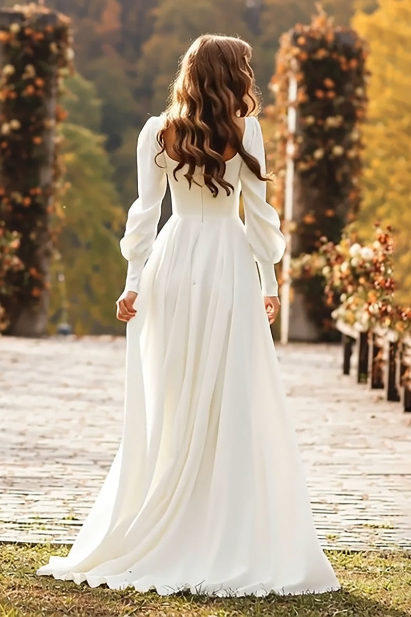 Laden Sie das Bild in den Galerie-Viewer, Einfaches Elfenbein Square Neck Langarm A Line Kurze Schleppe Brautkleid