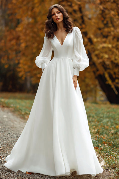 Elfenbein V Ausschnitt Langarm A Linie Kurze Schleppe Brautkleid