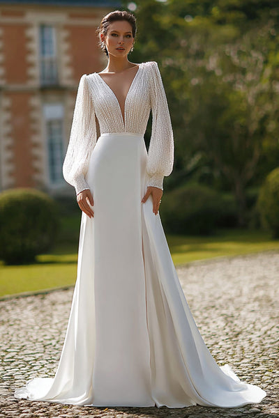 Damen Glitzernd Elfenbein Kurze Schleppe Hochzeitskleid mit Pailletten V-Ausschnitt Etui Langarm Brautkleid