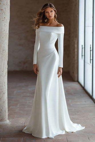 Elfenbein Satin Schulterfreie Kurze Schleppe Brautkleid mit Ärmeln