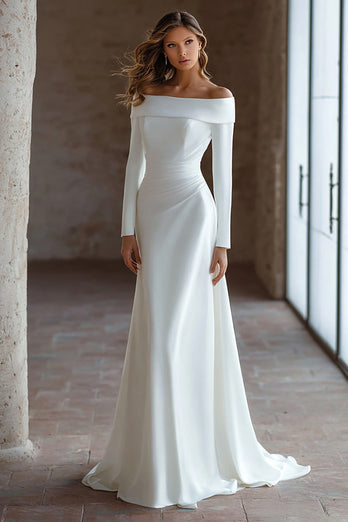 Elfenbein Satin Schulterfreie Kurze Schleppe Brautkleid mit Ärmeln