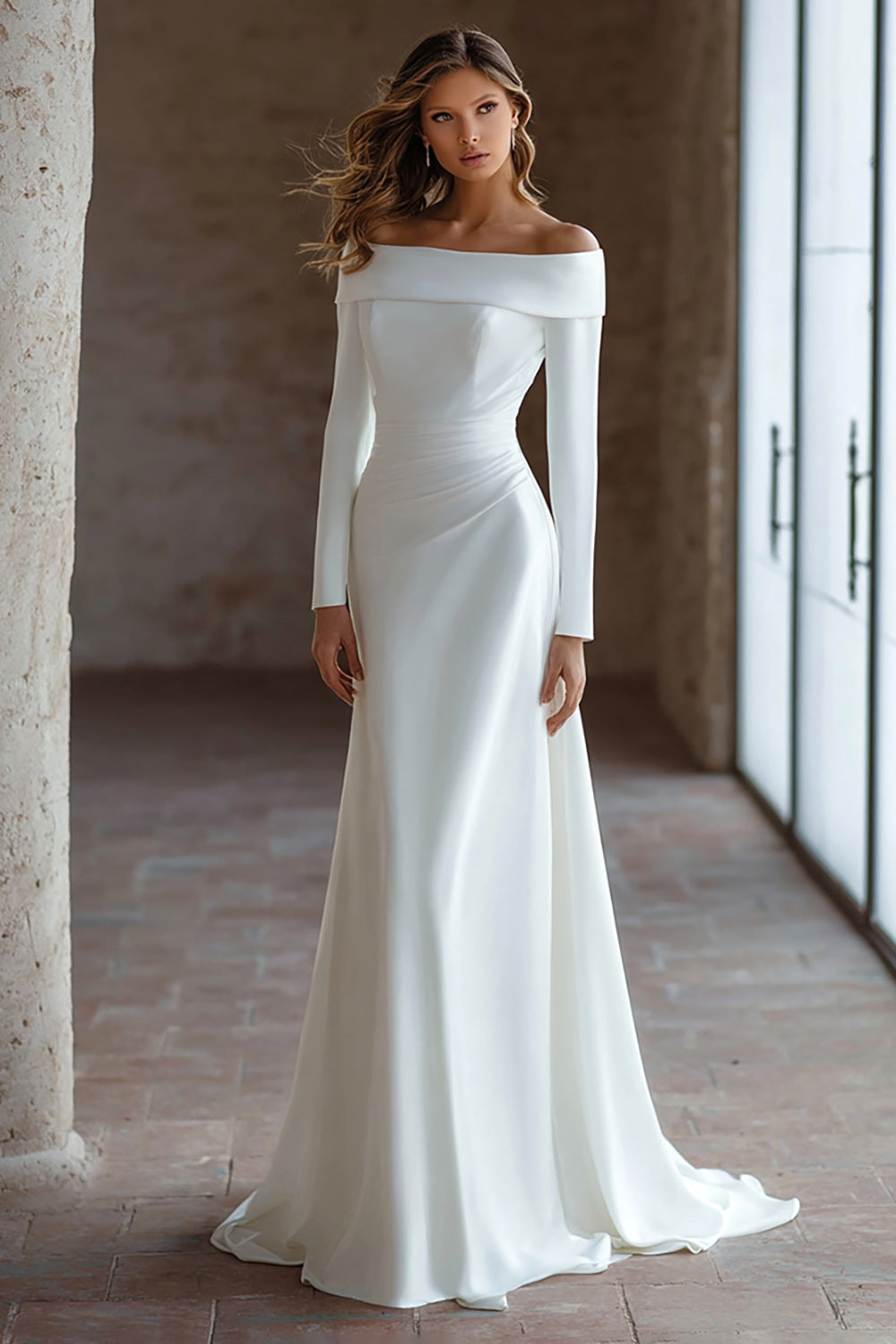 Elfenbein Satin Schulterfreie Kurze Schleppe Brautkleid mit Ärmeln