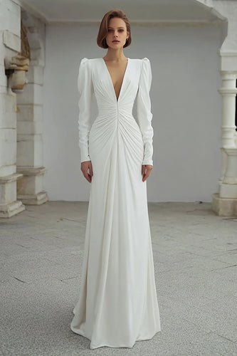 Elfenbein Sheath V Ausschnitt Langarm Kurze Schleppe Brautkleid