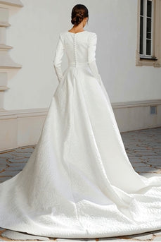 Elfenbein Jacquard Kurze Schleppe A-Linie Brautkleid mit langen Ärmeln