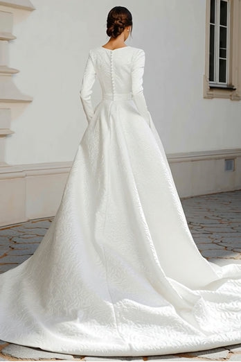 Elfenbein Jacquard Kurze Schleppe A-Linie Brautkleid mit langen Ärmeln