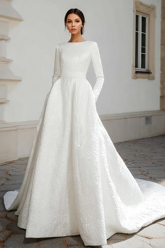 Damen Elfenbein Jacquard Kurze Schleppe Hochzeitskleid Rundhals A-Linie Langarm Brautkleid