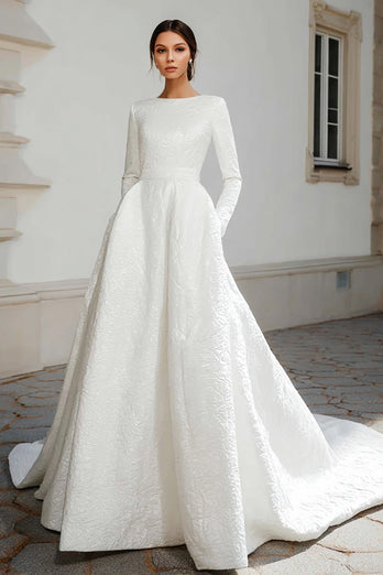 Damen Elfenbein Jacquard Kurze Schleppe Hochzeitskleid Rundhals A-Linie Langarm Brautkleid