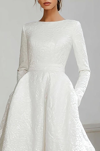 Elfenbein Jacquard Kurze Schleppe A-Linie Brautkleid mit langen Ärmeln