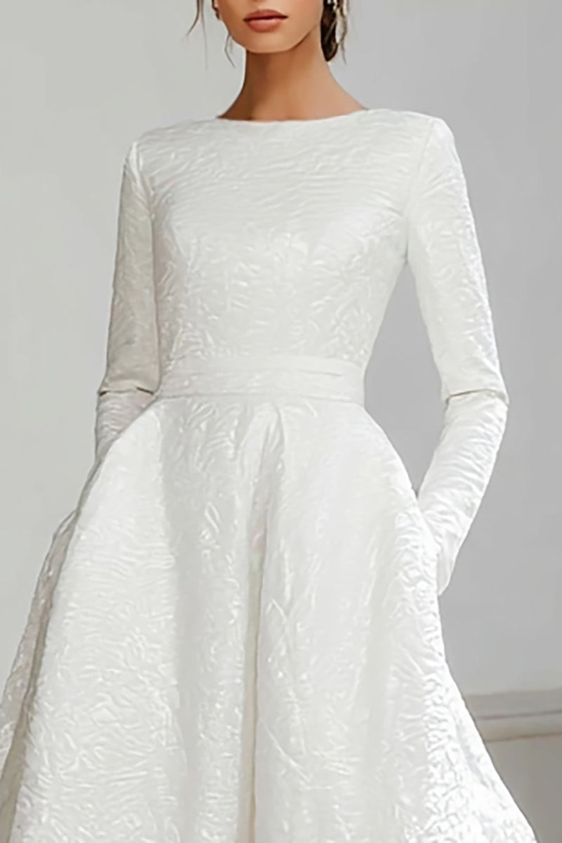 Laden Sie das Bild in den Galerie-Viewer, Elfenbein Jacquard Kurze Schleppe A-Linie Brautkleid mit langen Ärmeln