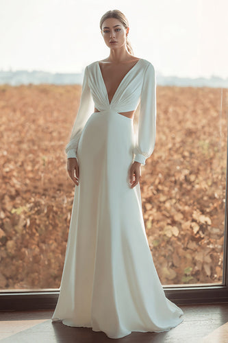 Elfenbein V Ausschnitt Cut Out Langarm Sheath Kurze Schleppe Brautkleid