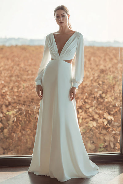 Elfenbein V Ausschnitt Cut Out Langarm Sheath Kurze Schleppe Brautkleid