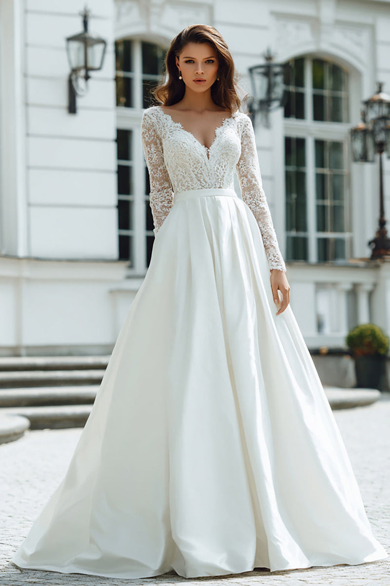Laden Sie das Bild in den Galerie-Viewer, Damen Elfenbein Satin Bodenlang Hochzeitskleid mit Spitze V-Ausschnitt A-Linie Langarm Brautkleid